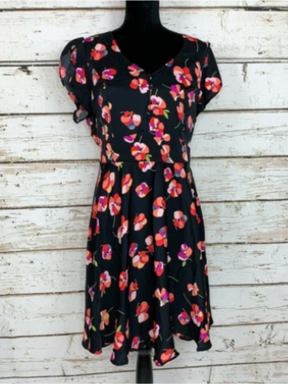 City Chic S 16 Black Floral Fit-and-Flare Dress with Pink & Orange Blooms NWT